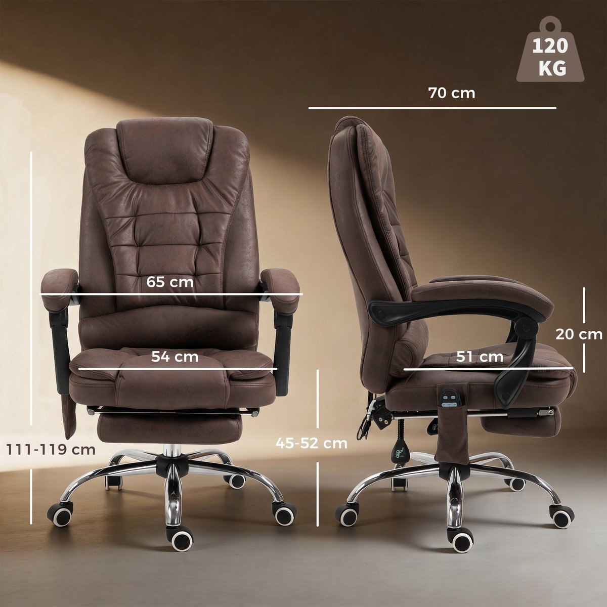 Fauteuil de bureau avec fonction massage marron, HOMCOM