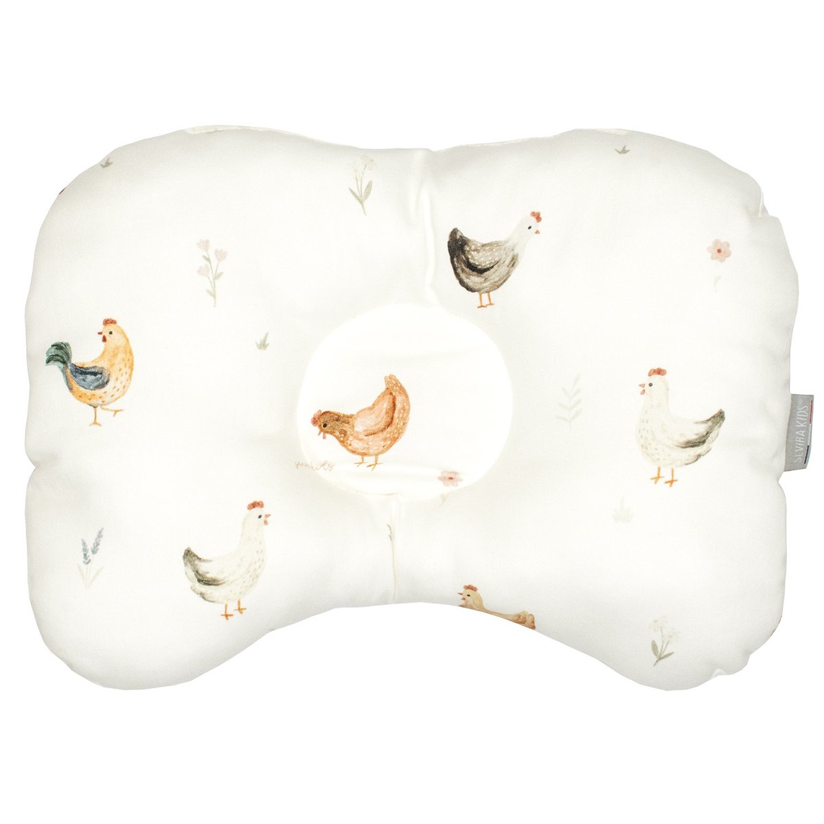 Coussin cale-tête ergonomique en coton GALLINA écru – motif poules champêtre, SEVIRA KIDS