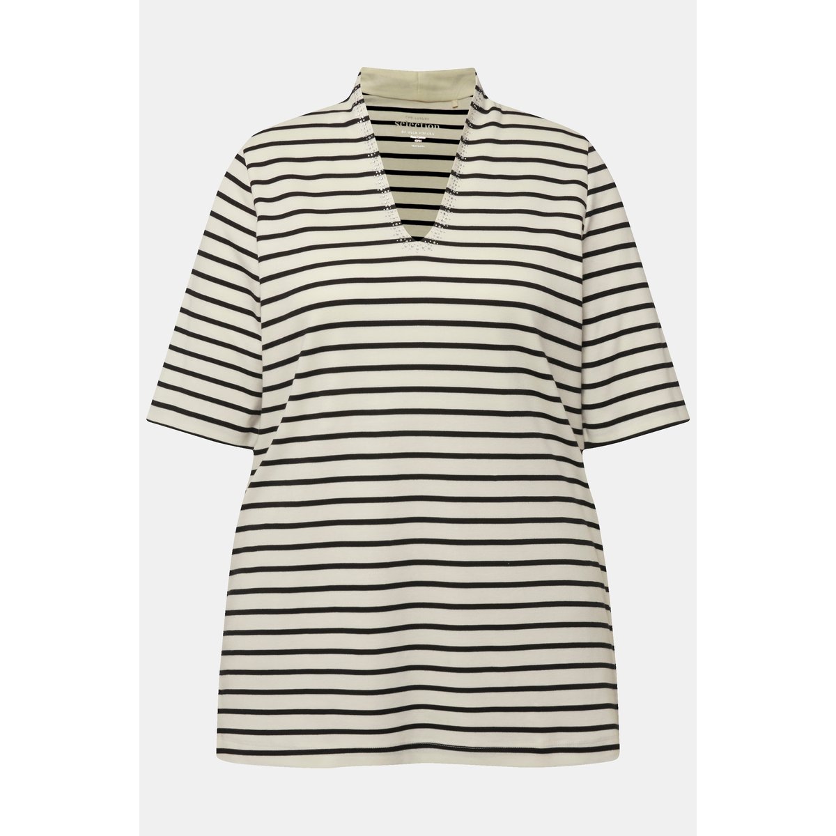 T-shirt à rayures en coton Pima. Col calice blanc cassé, ULLA POPKEN