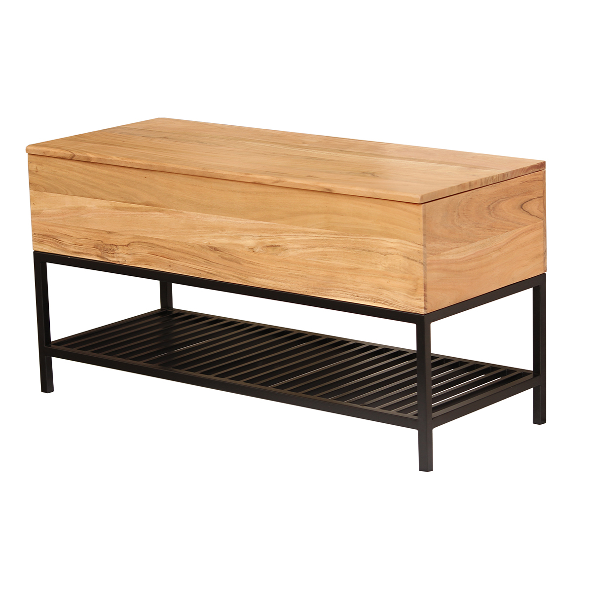 Banc d'entrée industriel avec coffre de rangement en bois massif et métal noir L100 cm SORG marron, MILIBOO