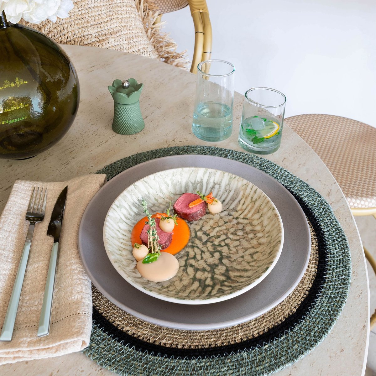 Lot de 6 assiettes creuses en grès 20,5cm, JADE beige-vert, NOVASTYL