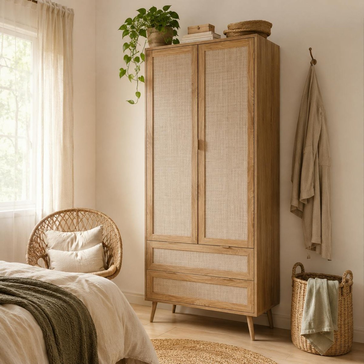 Armoire penderie bohème 2 portes 2 tiroirs SONA bois naturel, PIER IMPORT