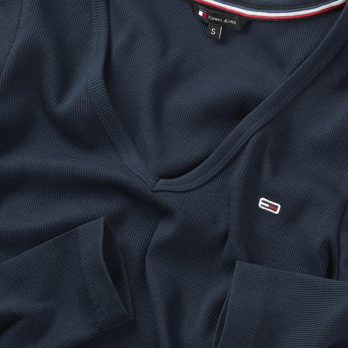 Cotton V-Neck T-Shirt with Long Sleeves midnight blue, TOMMY JEANS