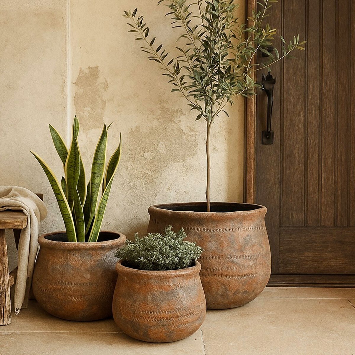 Set de 3 cache-pots ronds en fibre de verre effet terre cuite 48x48x33cm bois, WADIGA
