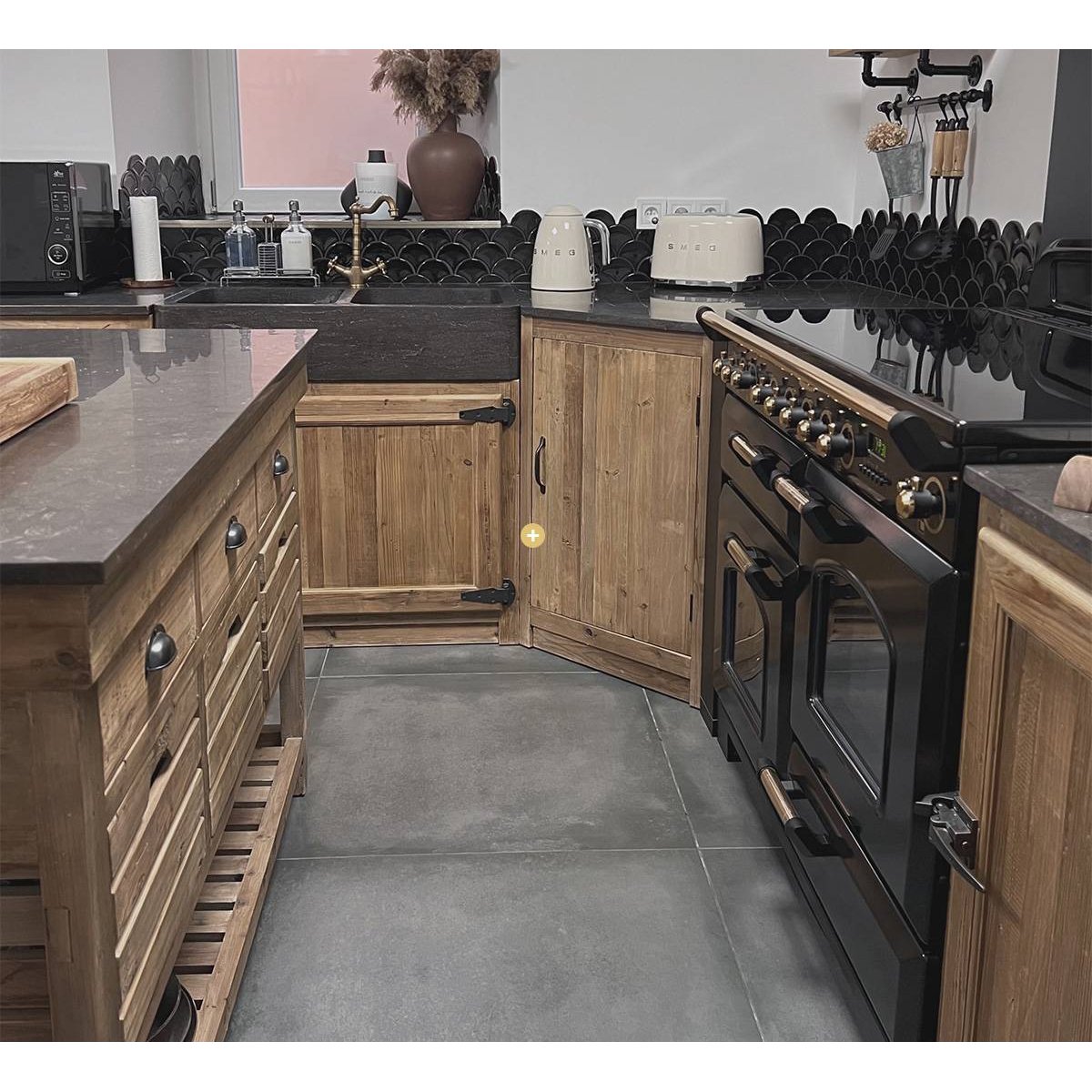 Meuble bas de cuisine en bois recyclé et pierre bleue CHAMPÊTRE bois clair, MADE IN MEUBLES