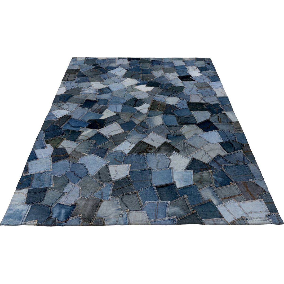 Tapis rectangulaire en coton cousu main bleu denim patchwork nuances claires et foncées, ARTE ESPINA