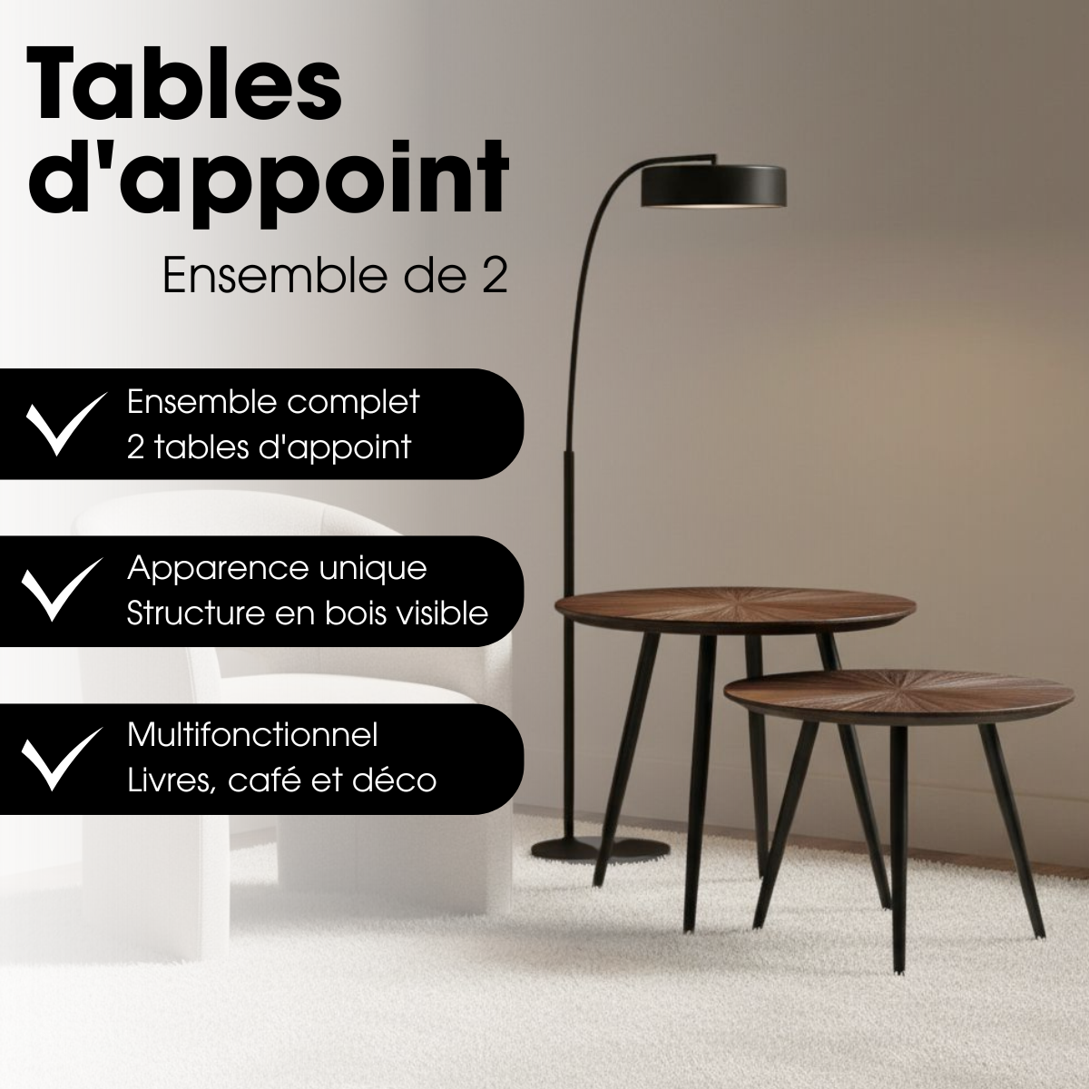 Lot de 2 tables d'appoint texturées DANE brun, MICA DECORATIONS