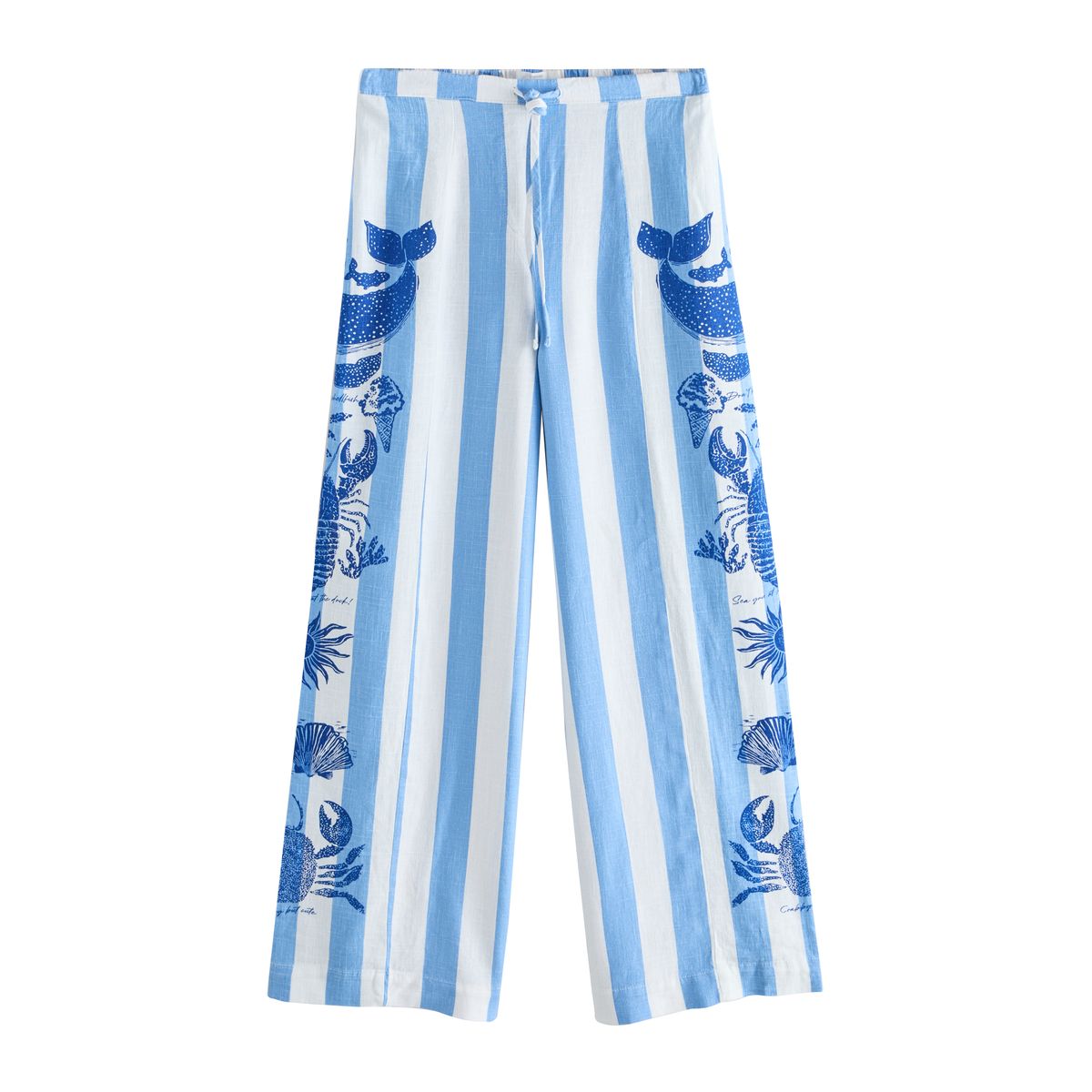 Pantalon en mélange de lin coupe large rayures nautiques bleues et blanches, NEXT
