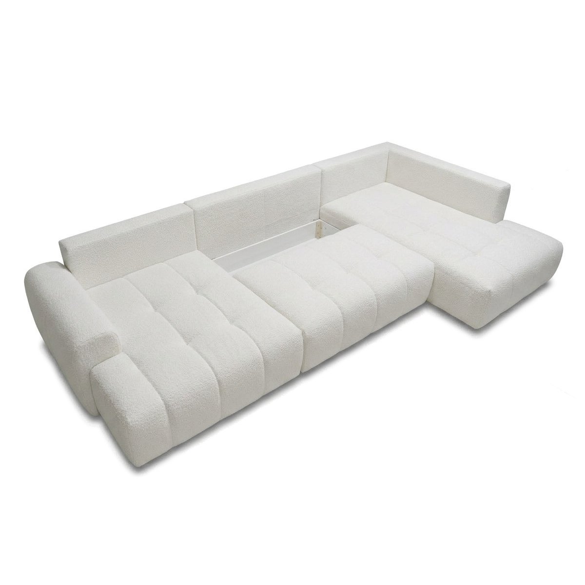 Canapé panoramique convertible 6 places en tissu bouclette, ROXELANE blanc, BOBOCHIC
