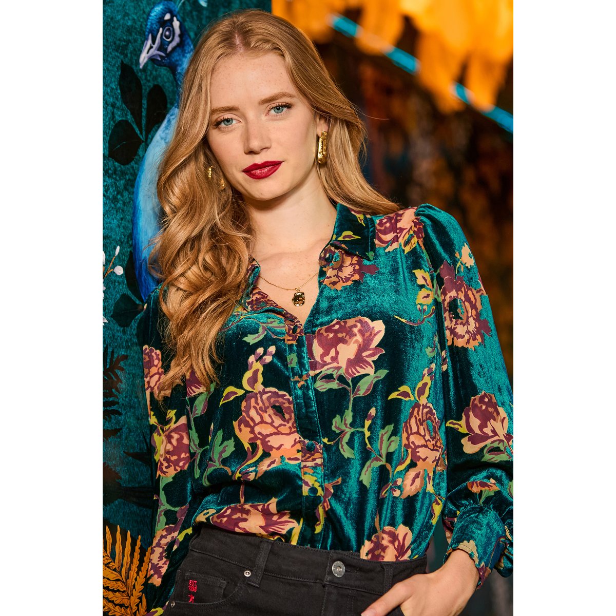 Blouse à Col en Velours Dévoré Fleuri vert, JOE BROWNS