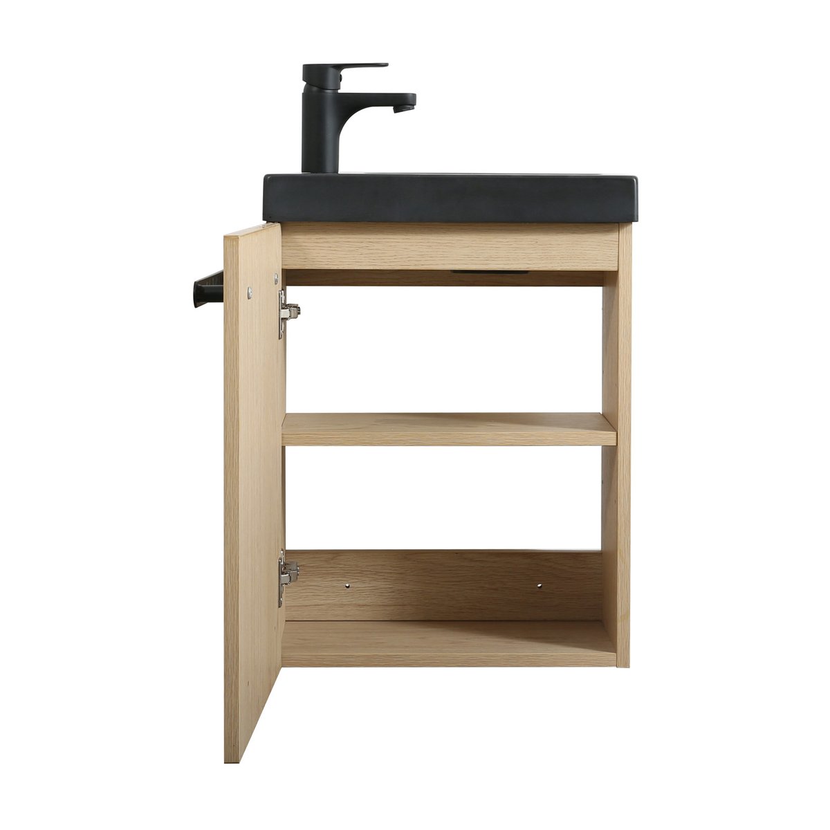 Meuble lave-mains suspendu avec poignée porte serviette NEVADA décor chêne (vasque noire), MOB IN