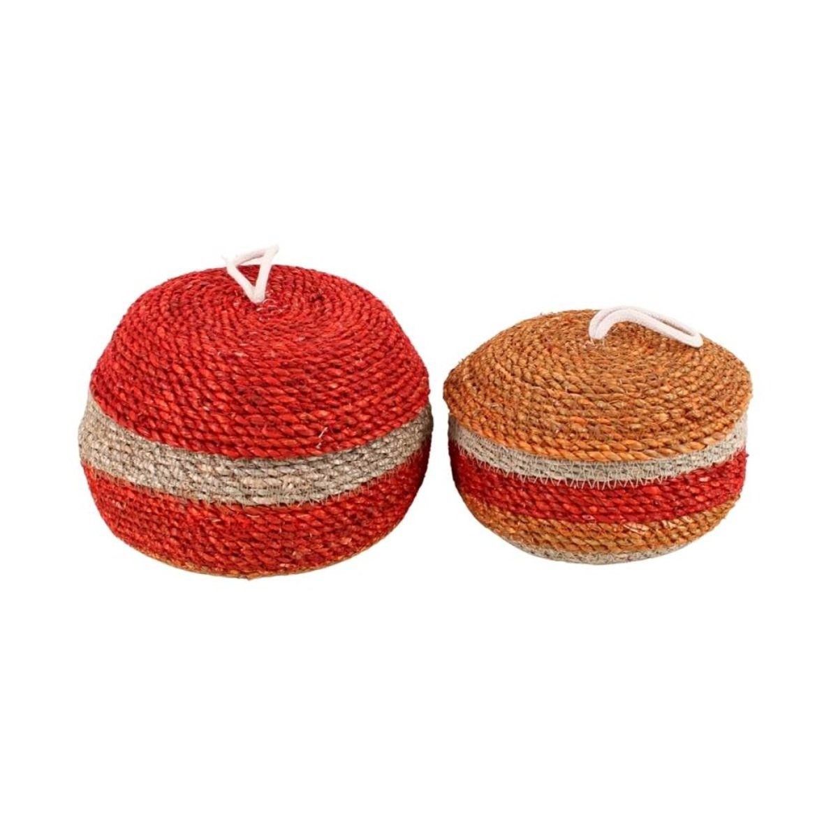 Lot de 2 paniers rayés à couvercle fibres naturelles rouge, naturel rouge, ORNAMI
