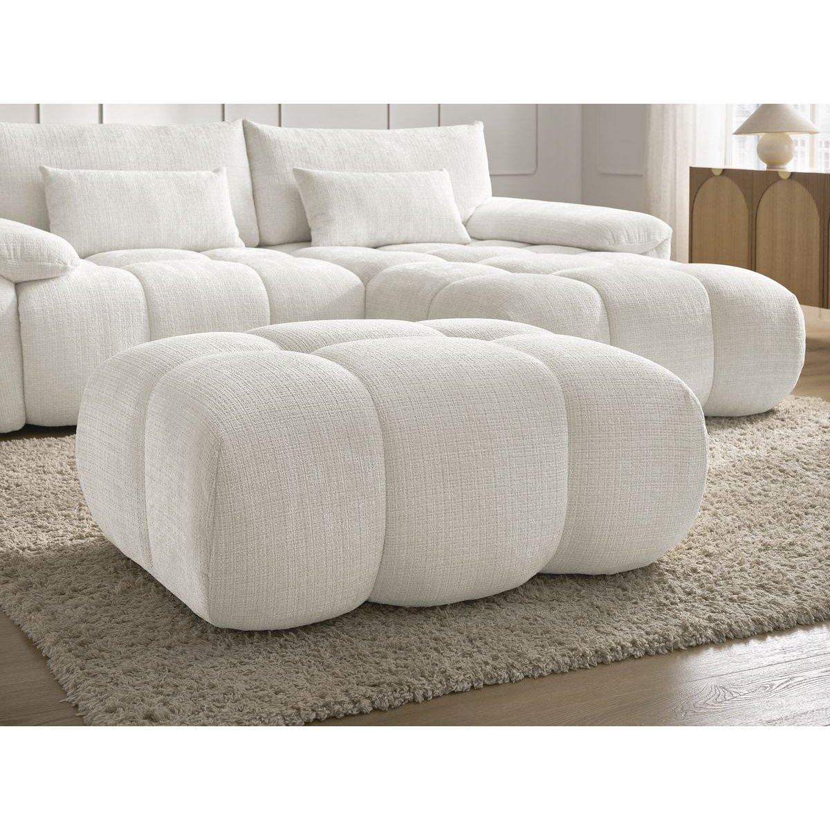 Canapé d'angle fixe 4 places en tissu texturé, IVANE blanc, BOBOCHIC
