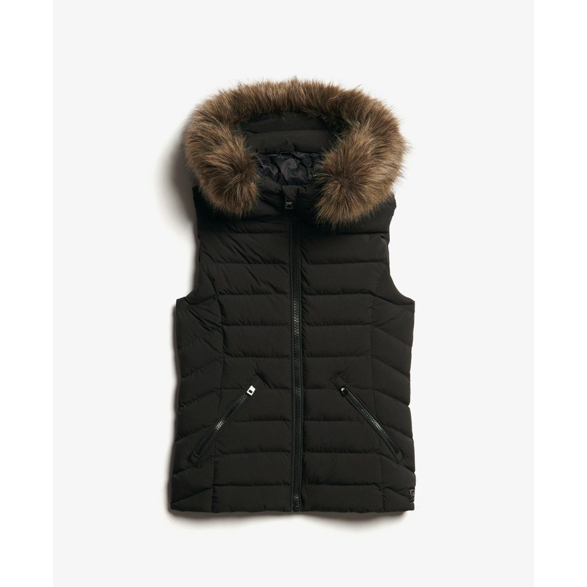 Veste sans manche en imitation fourrure à capuche Fuji noir, SUPERDRY