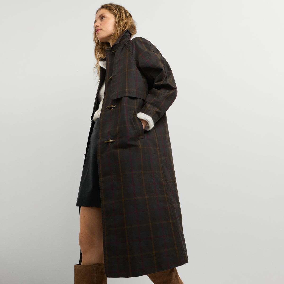 Trench-Coat Long À Carreaux vert kaki, PEPE JEANS