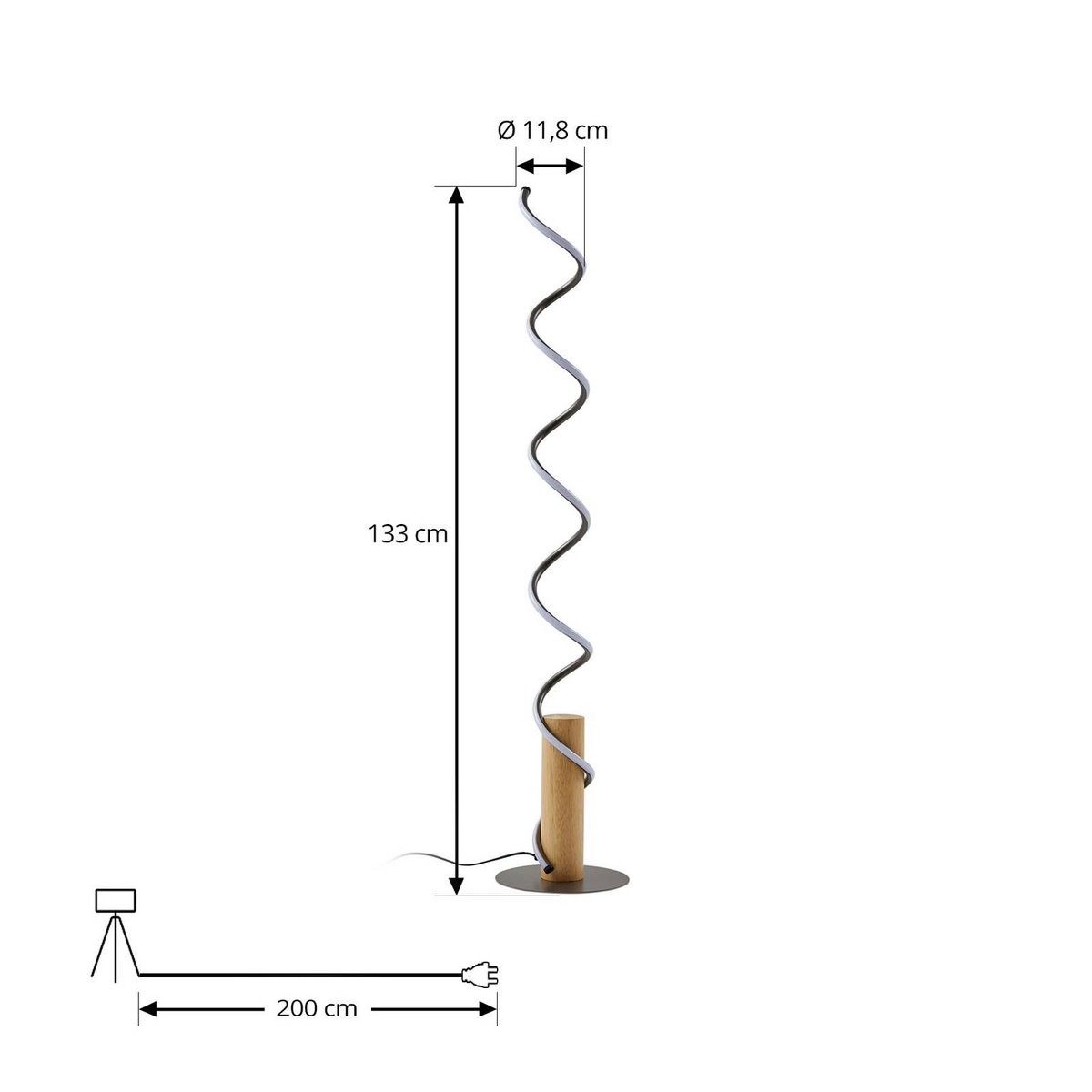 Lampadaire en aluminium traditionnelLED gris, bois clair, LINDBY