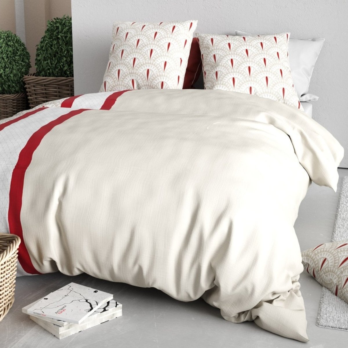 Housse de couette 100% coton 57 fils + 2 taies d’oreiller beige, DECORATIE