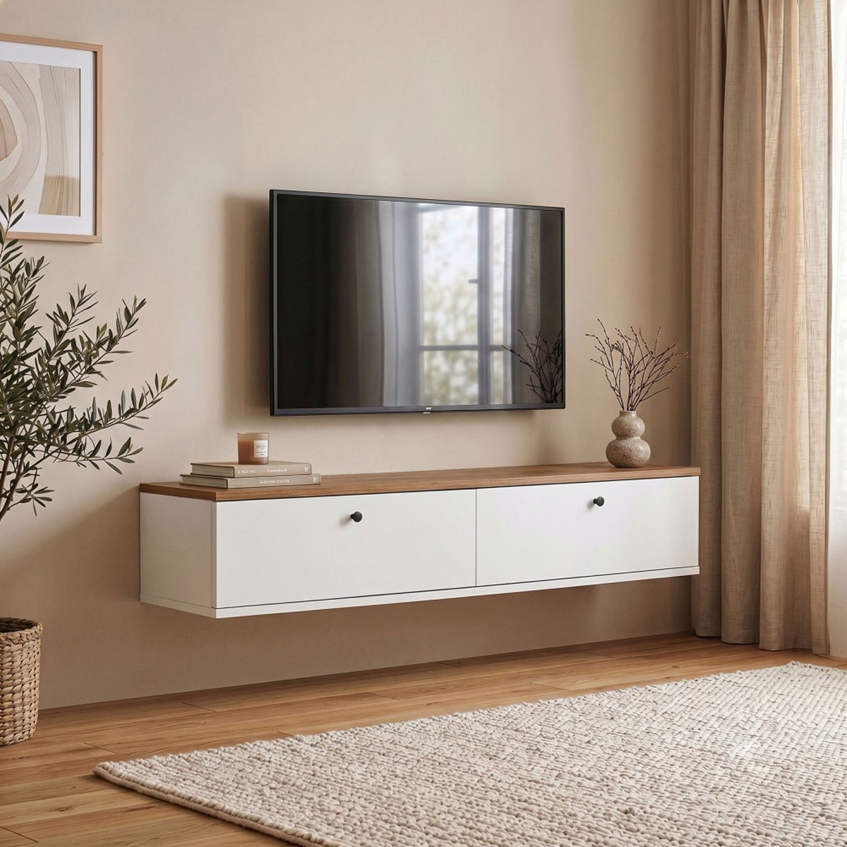 Meuble tv suspendu 2 portes plateau bois foncé L140cm- YARA blanc, DRAWER