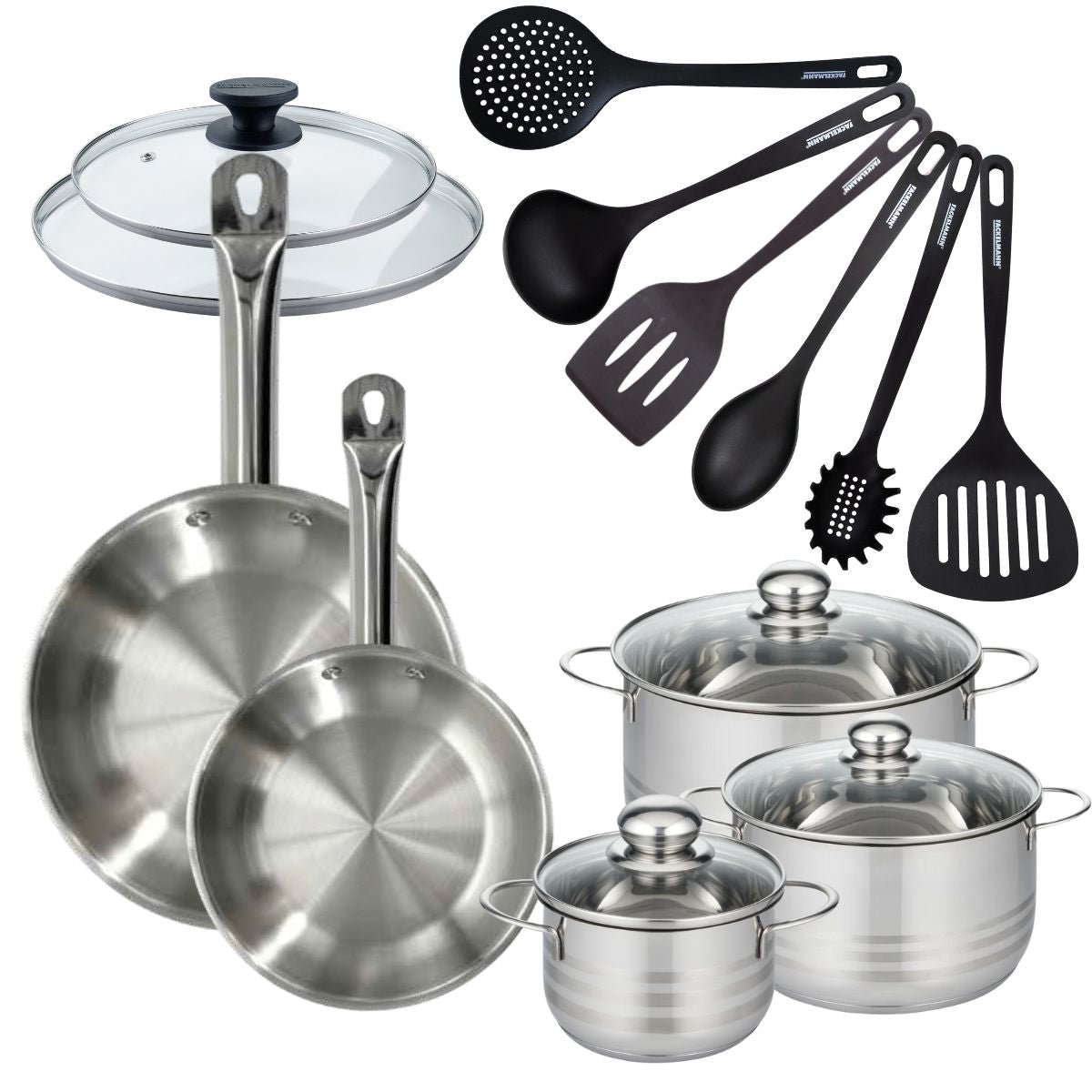 Batterie 2 poêles 24/28cm + 3 faitouts 16/20/24cm ETERNA inox, FACKELMANN