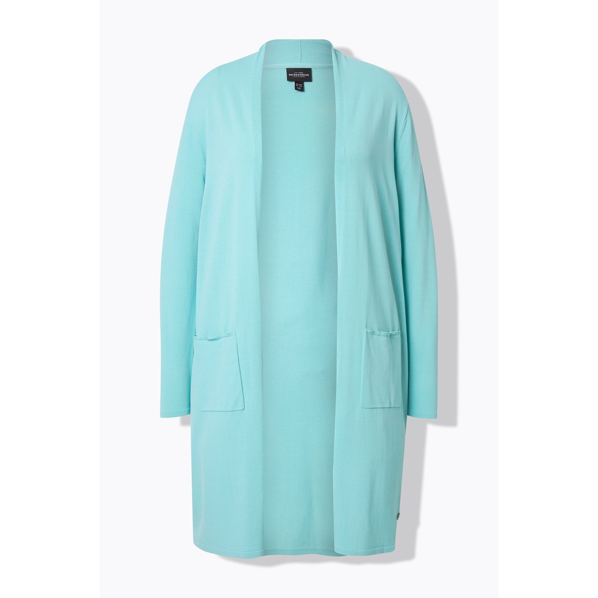 Cardigan long à col montant. Coupe ouverte turquoise clair, ULLA POPKEN