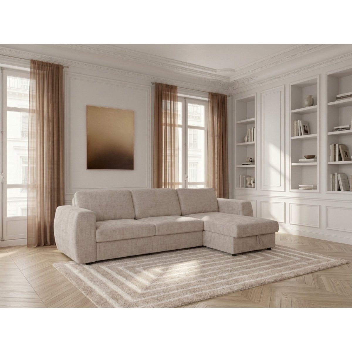 Canapé d'angle convertible 4 places en tissu texturé couchage 140x190 cm, HUGO beige, BOBOCHIC
