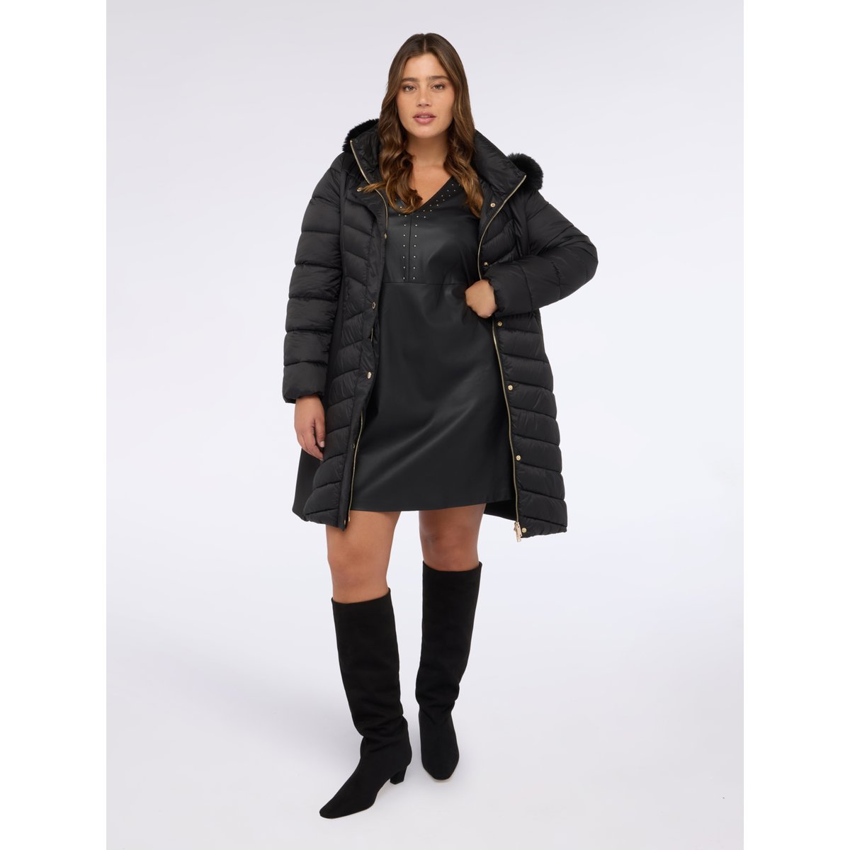 Veste matelassée longue avec capuche et surpiqûres noir, FIORELLA RUBINO