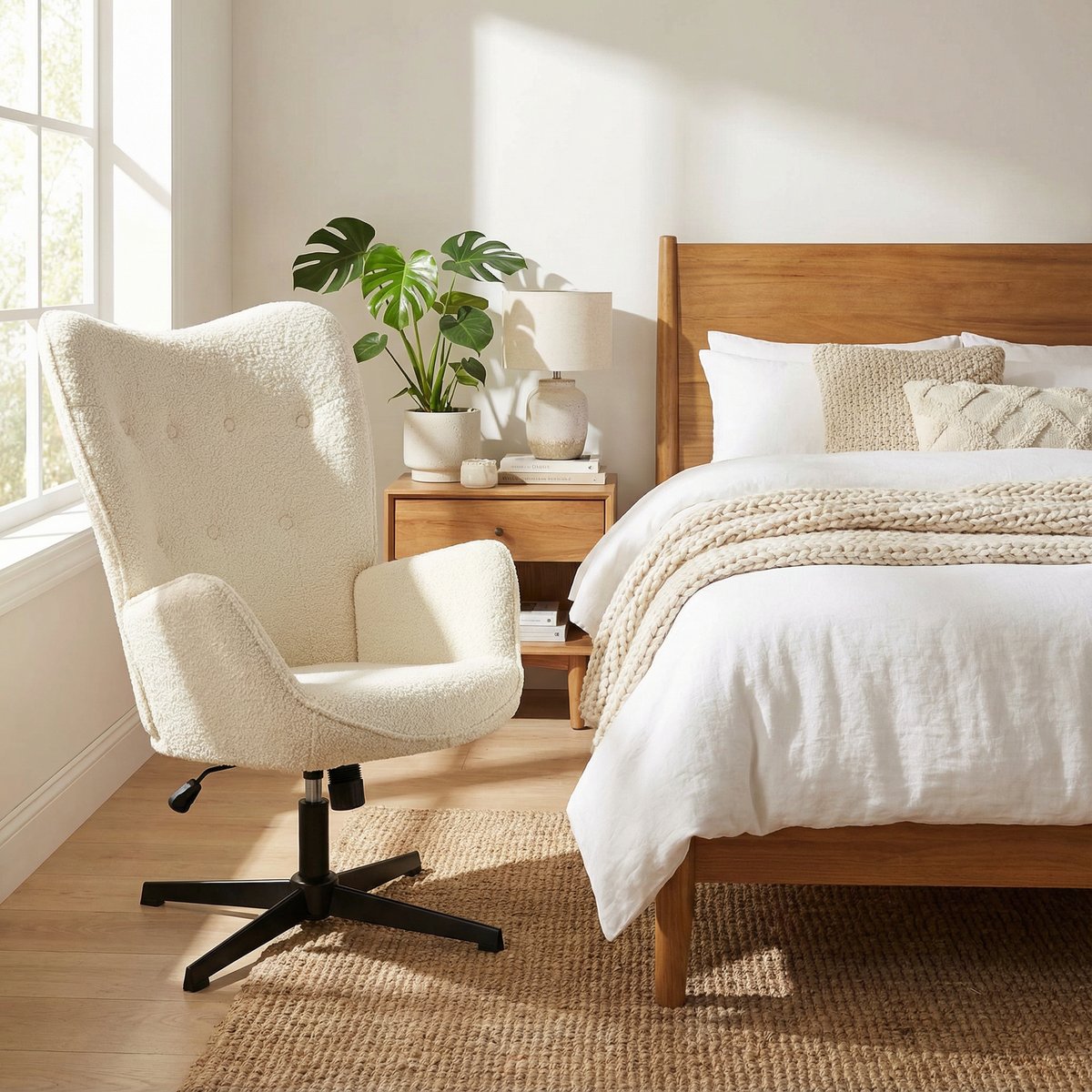 Fauteuil relax rotatif réglable en hauteur bouclette, FUCHS blanc, MEUBLES COSY