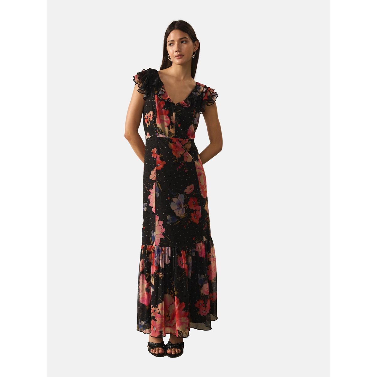 Robe mi-longue à superpositions/col volants imprimé floral noir, NEXT