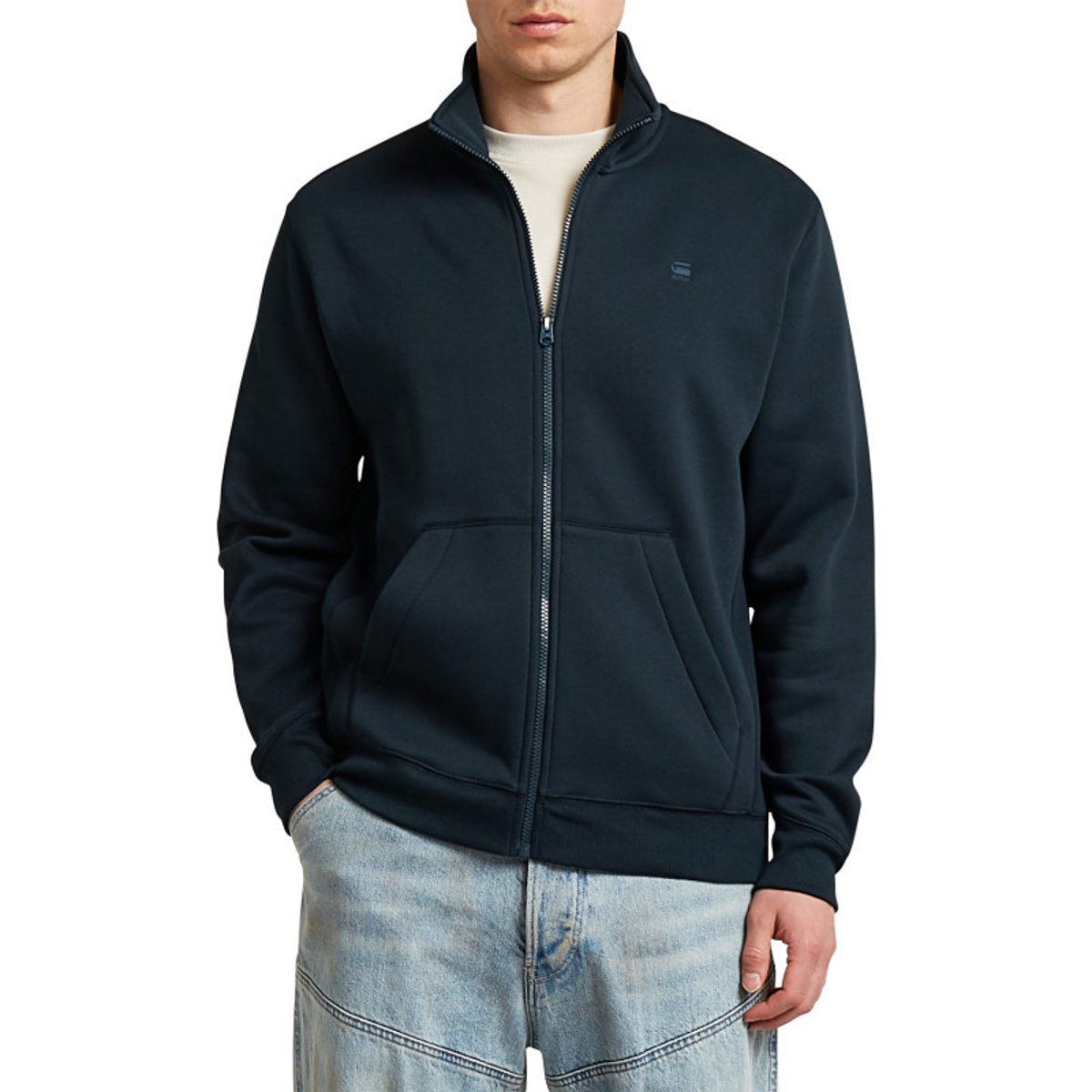 Sweat zippé bleu marine uni avec une coupe droite et un col montant bleu foncé, G-Star RAW