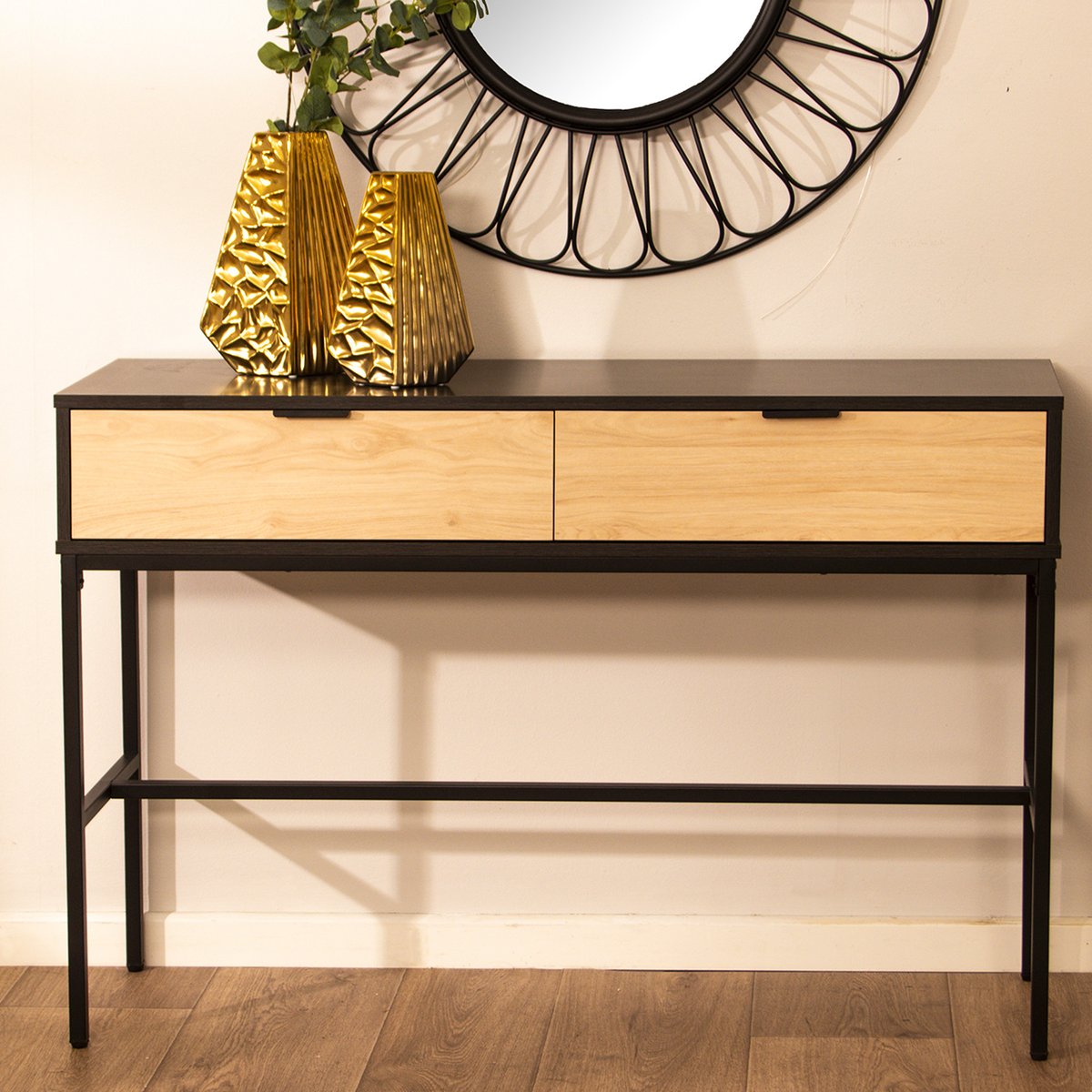 Console en métal noir et bois 2 tiroirs 120x35x80cm noir, WADIGA