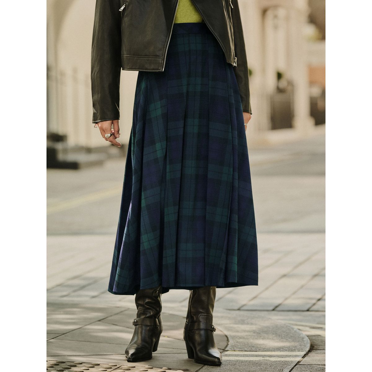 Jupe kilt mi-longue plissée à motif écossais vert/bleu marine, NEXT