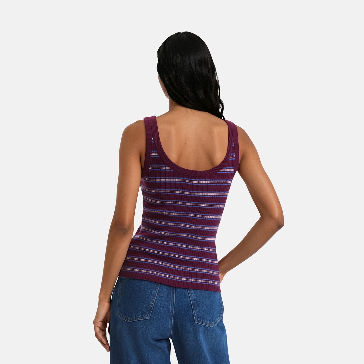 Gestreepte singlet, ronde hals, fijn tricot gestreept bordeaux, LA REDOUTE COLLECTIONS
