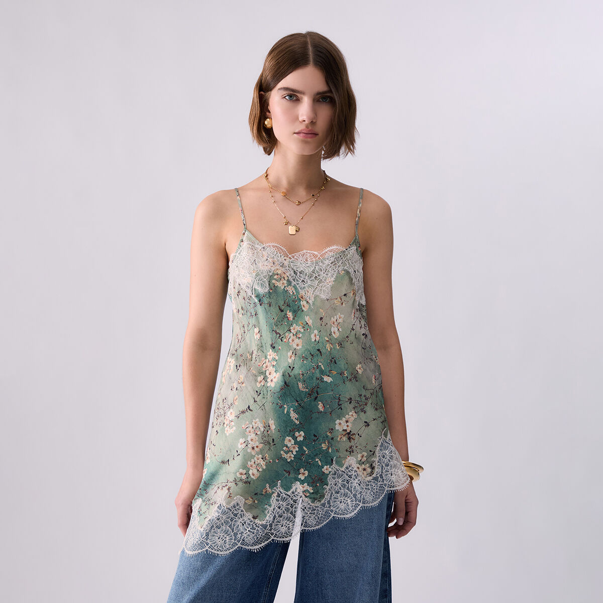 Top en satin imprimé avec dentelle bleu clair à fleurs, LIU JO