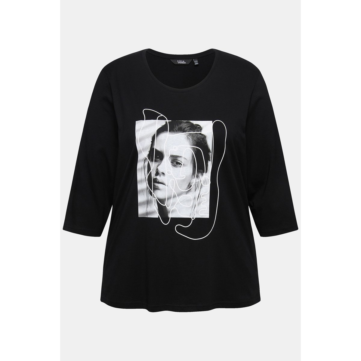 T-shirt avec imprimé, col rond et manches 3/4 noir, ULLA POPKEN
