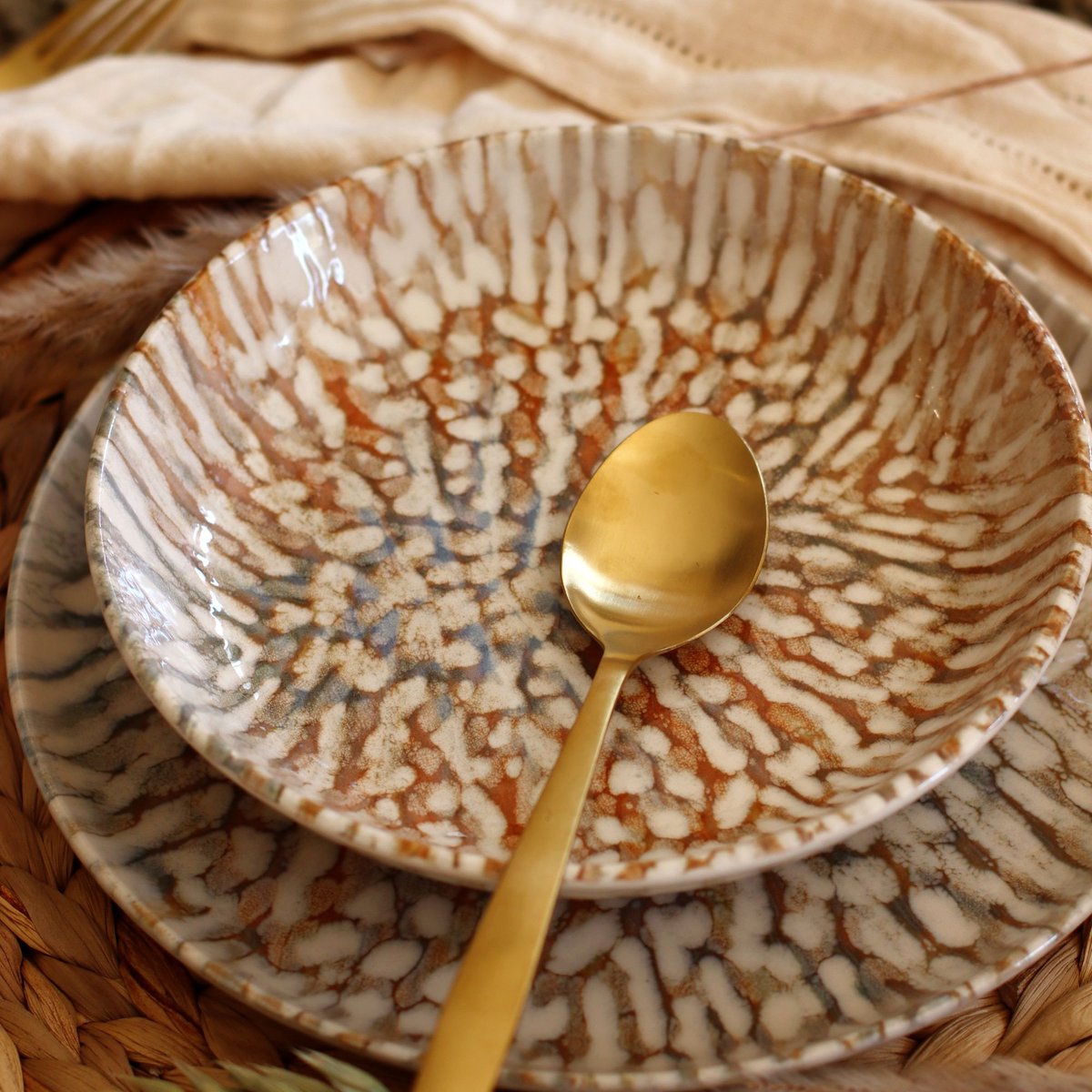 Lot de 6 assiettes creuses en grès 20,5cm, AMBRE beige-marron, NOVASTYL