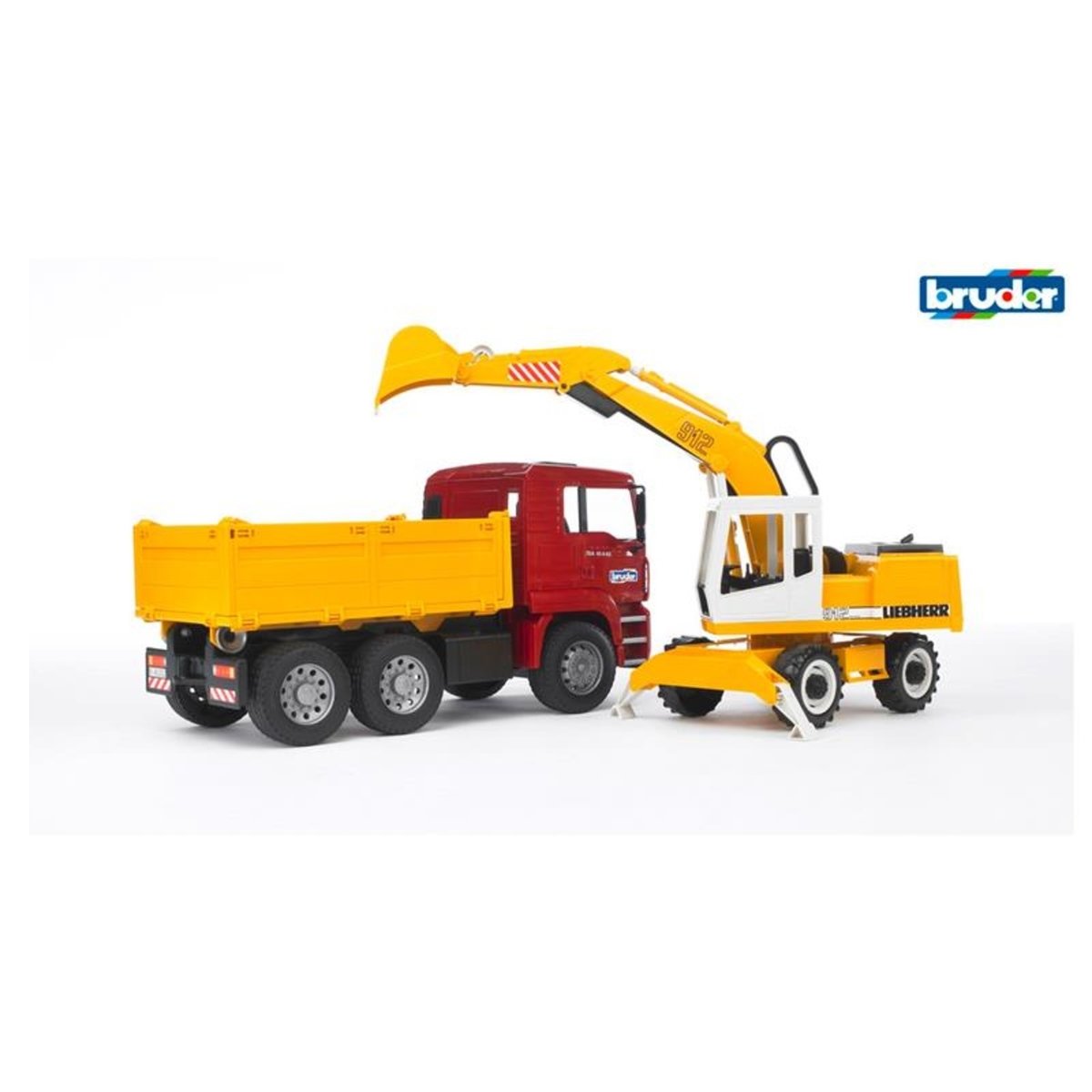 Camion à benne basculante MAN TGA avec pelleteuse Liebherr multicolore, BRUDER