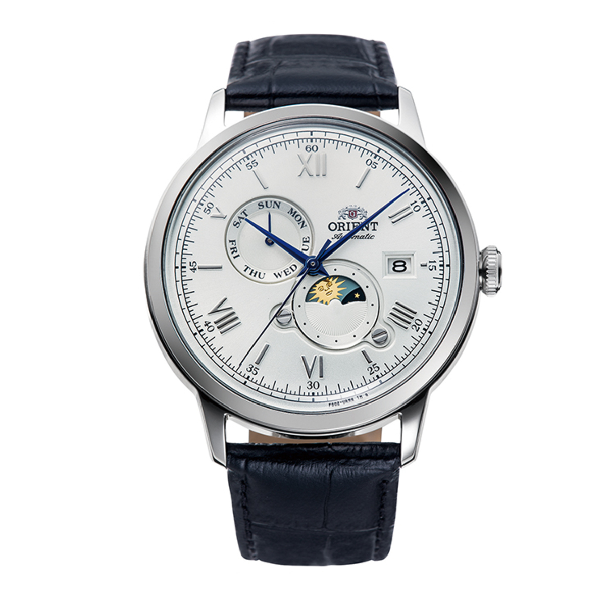 Montre Analogique  SUN & MOON argenté blanc bleu foncé, ORIENT