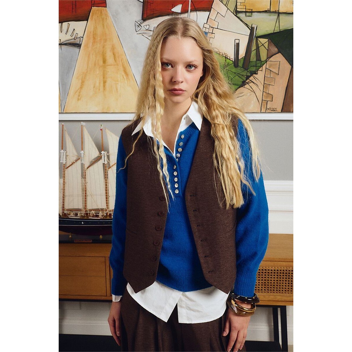 Pull manches longues col boutonné bleu, MOLLY BRACKEN