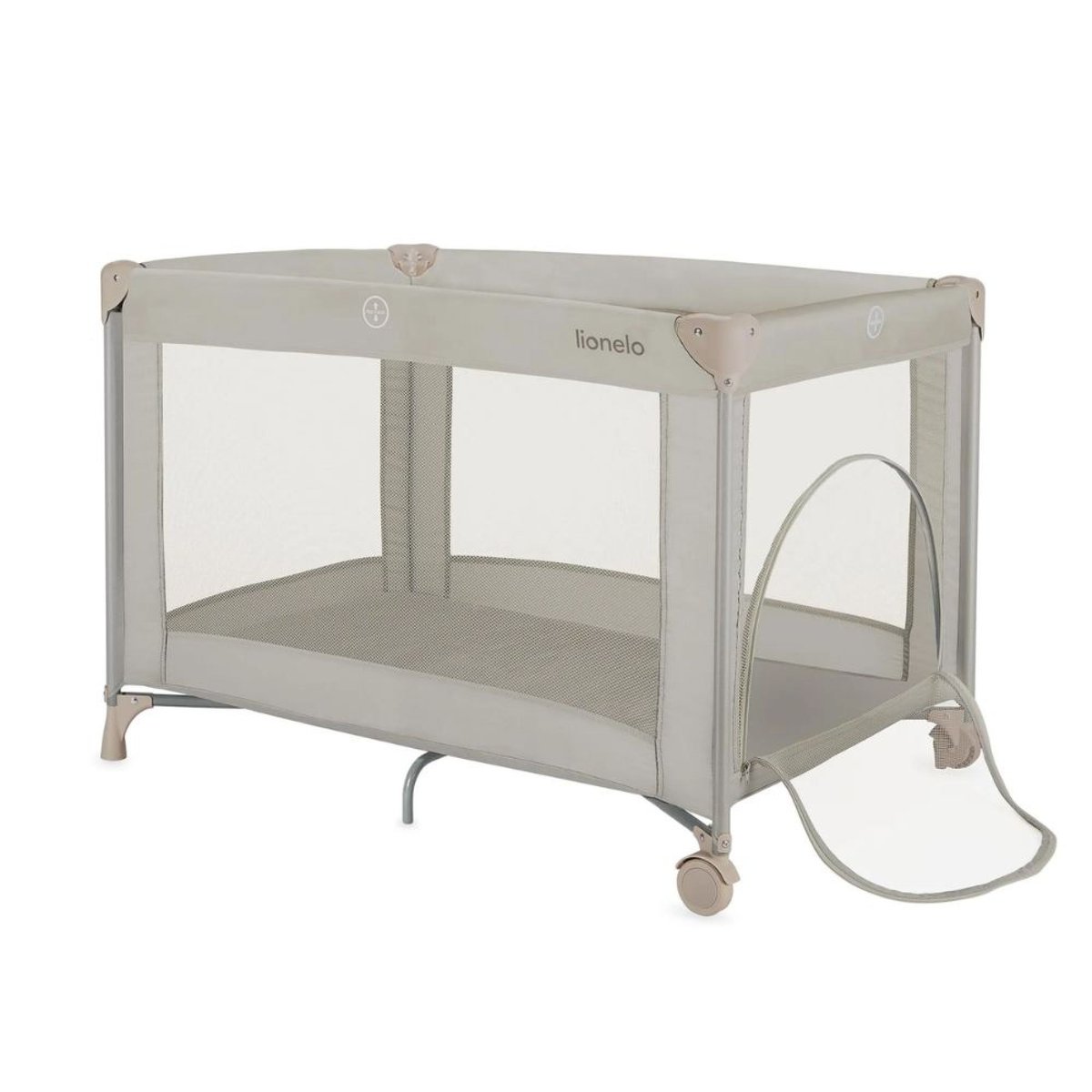 Lit parapluie bébé Amelie compact avec matelas Grey Concrete beige sand, LIONELO