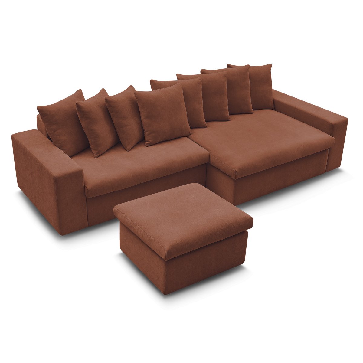 Canapé d'angle fixe 3 places en tissu lisse avec pouf, ENORE rouge, BOBOCHIC