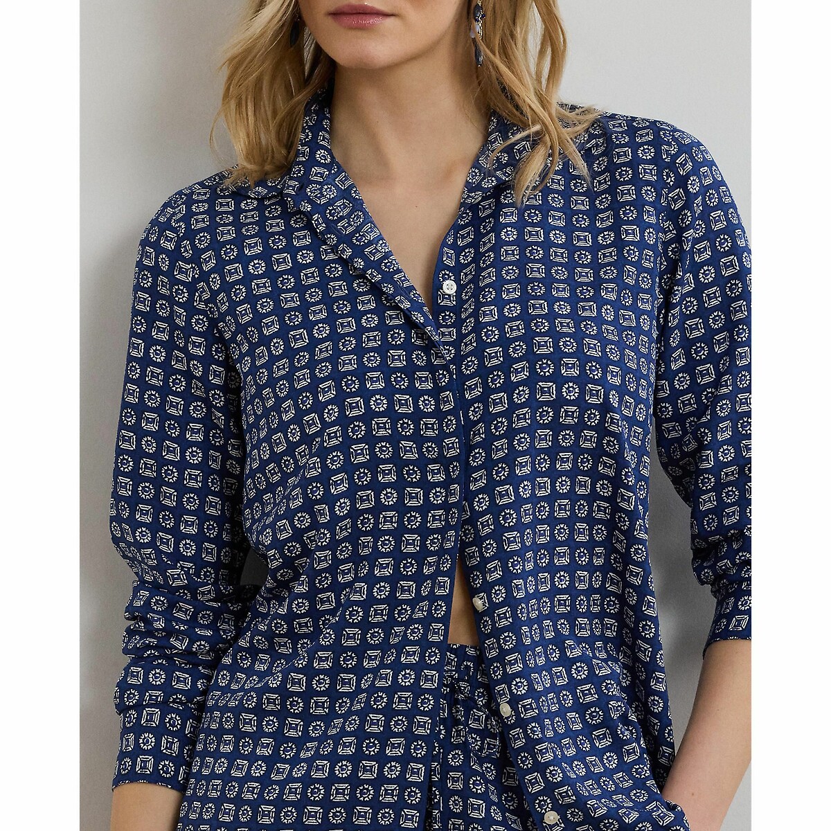 Chemise à manches longues, en crêpe imprimé  bleu/blanc, LAUREN RALPH LAUREN