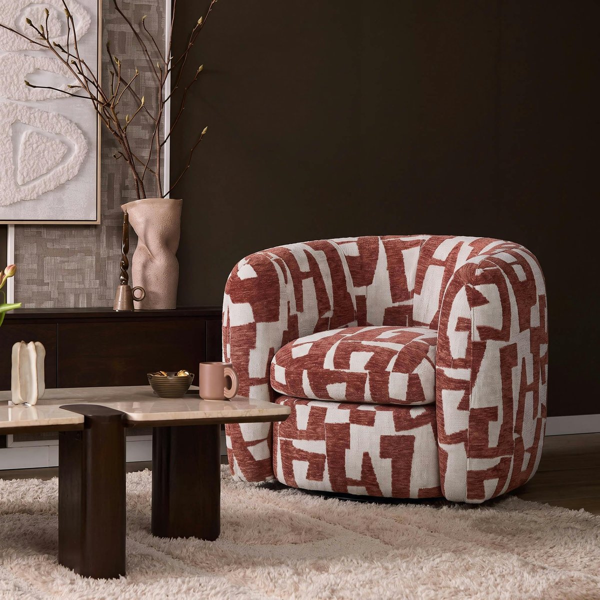 Fauteuil de salon rond motif art déco CORTINA rouge, PIER IMPORT