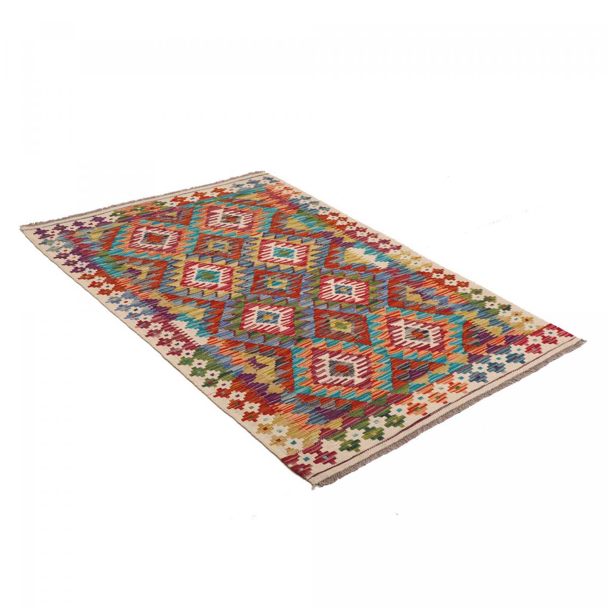 Tapis kilim à motif géométrique, tissé plat en laine, KILIM 27 multicolore, bleu, rouge, UN AMOUR DE TAPIS