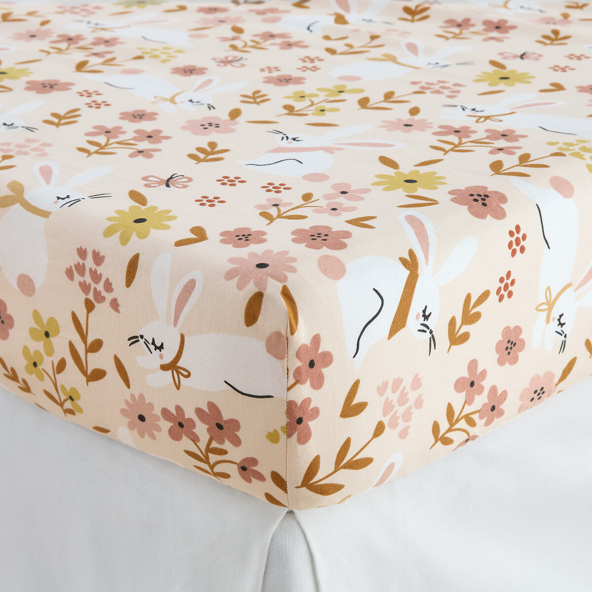 Drap-housse bébé coton biologique, Lapin fleuri imprimé rose, LA REDOUTE INTERIEURS