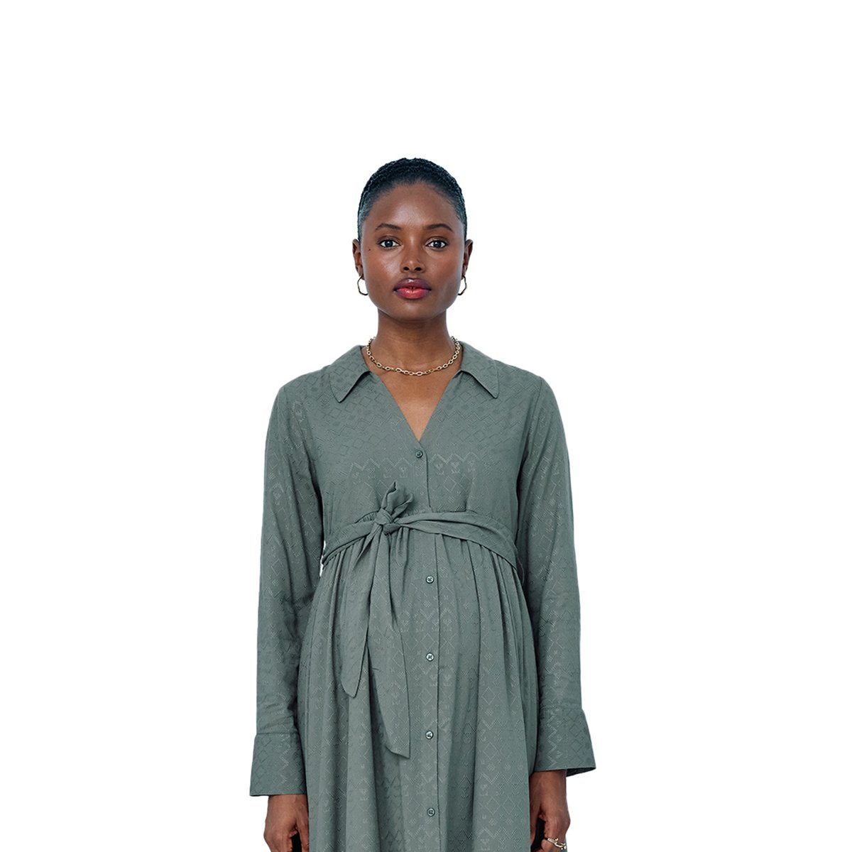 Robe-chemise longue jacquard grossesse et allaitement kaki, VERTBAUDET