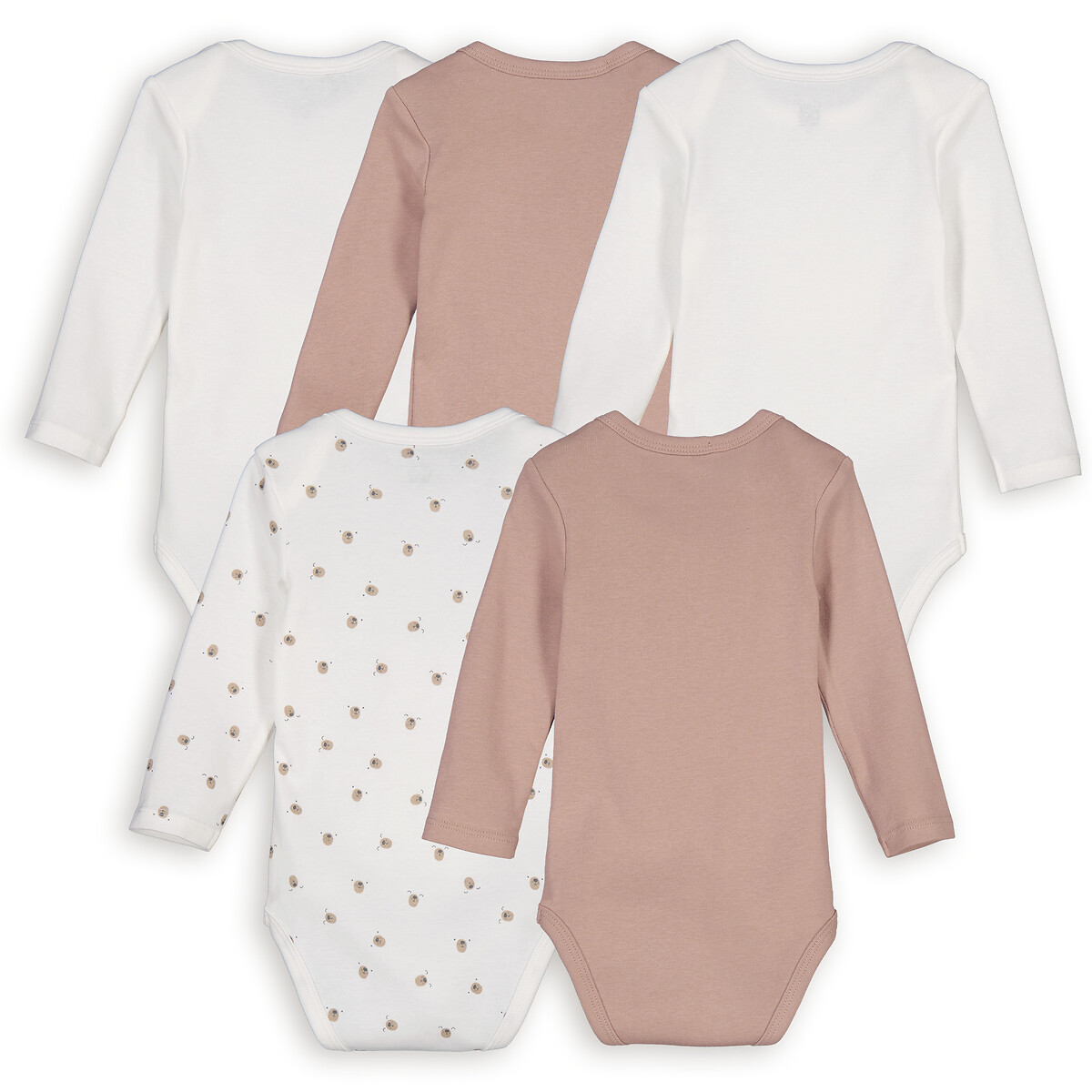 Lot de 5 bodies emmanchures américaines manches longues, en coton, motif ours beige/blanc, LA REDOUTE COLLECTIONS
