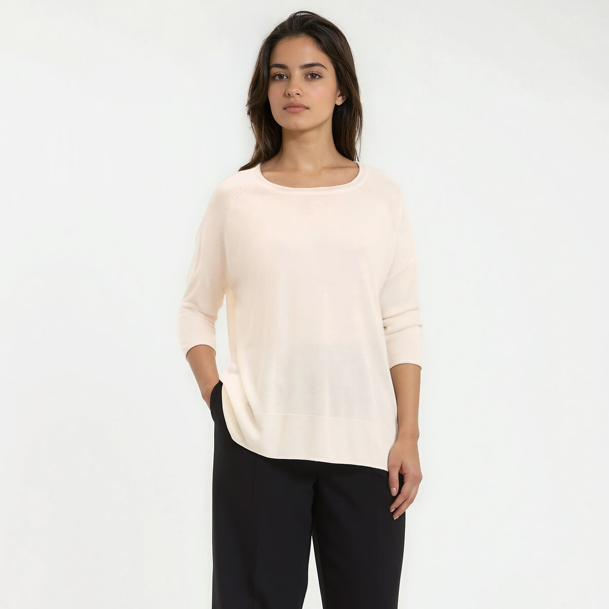 Maglione girocollo in maglia fine, maniche lunghe beige, LA REDOUTE COLLECTIONS