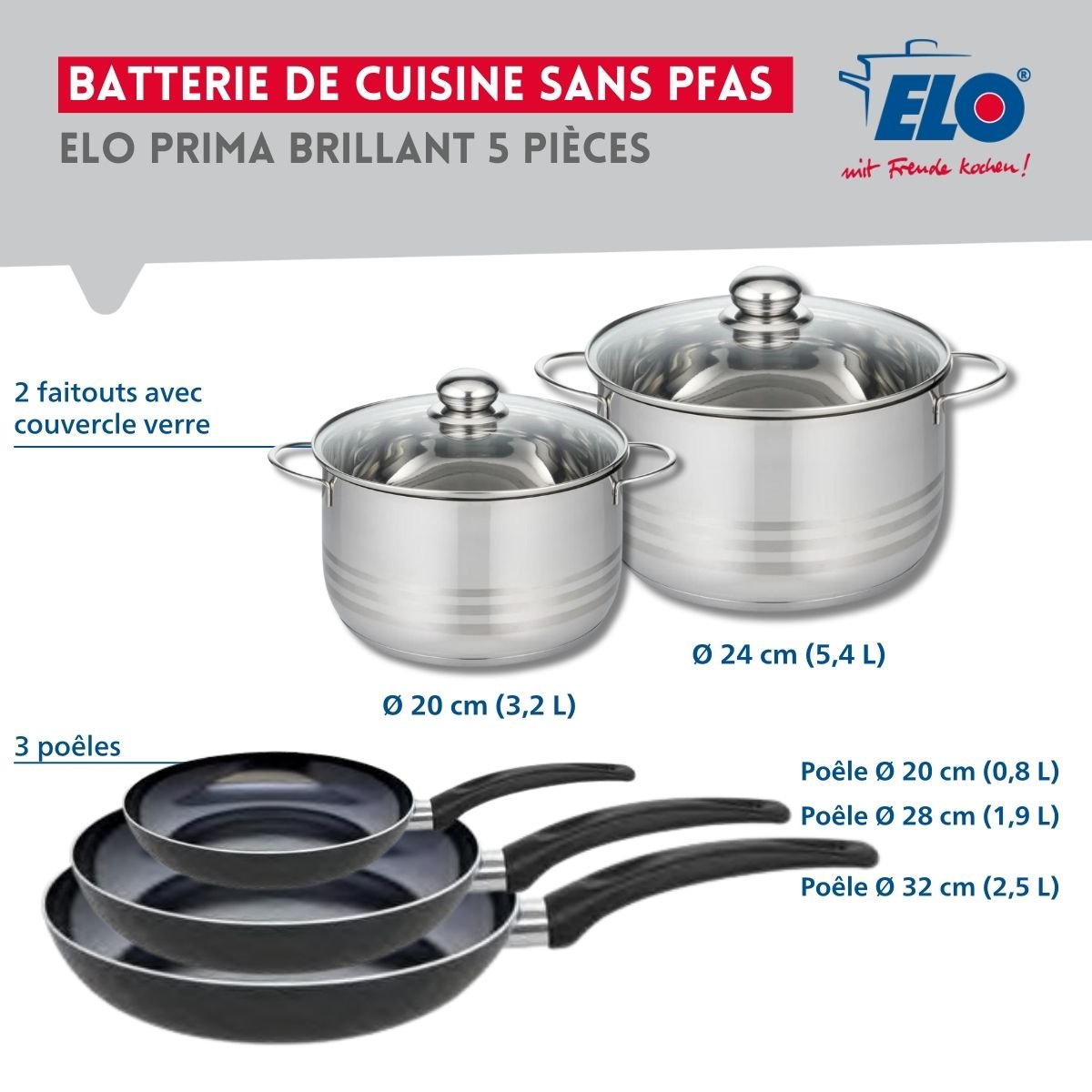 Batterie 3 poêles 20/28/32cm + 2 faitouts 20/24cm PRIMA BRILLANT noir, ELO
