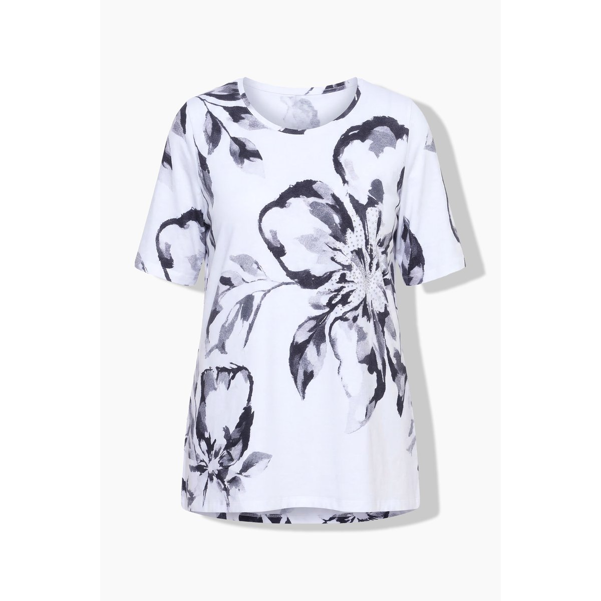 T-shirt en coton Pima, motif floral blanc neige, ULLA POPKEN