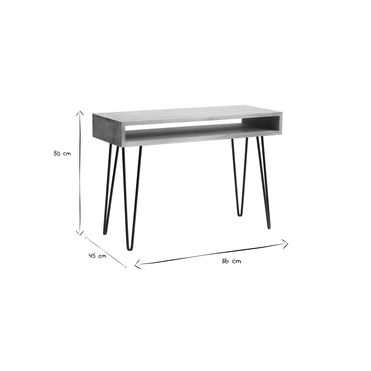 Bureau avec rangement en bois manguier massif et métal noir L116 cm VIBES bois brut, MILIBOO